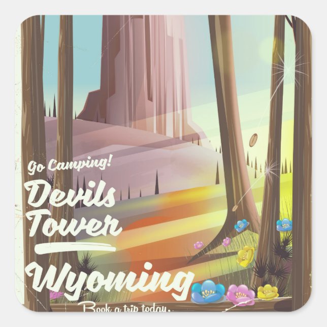 Devils Tower, Wyoming vintage Camping print. Square Sticker (Front)