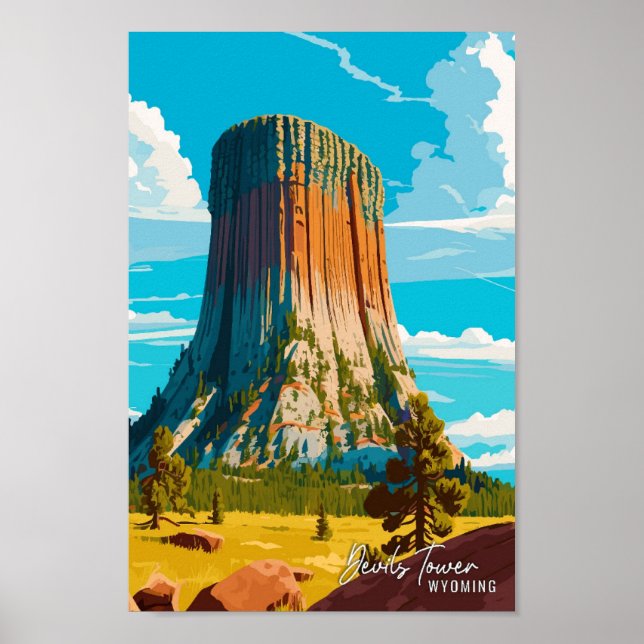 Devils Tower Wyoming Vintage Travel Illustration Poster (Front)