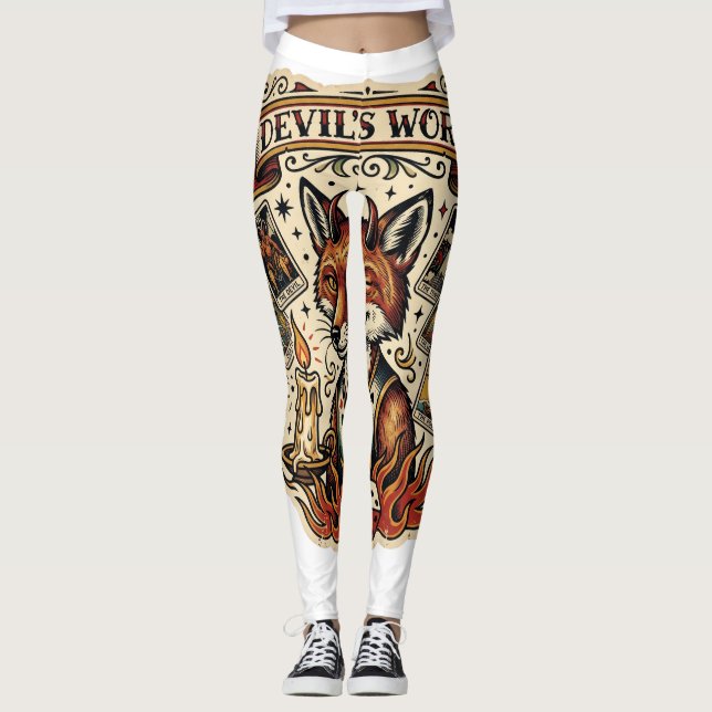 Devils Work Sly Fox Tarot Card Tattoo Flash Mystic Leggings (Front)