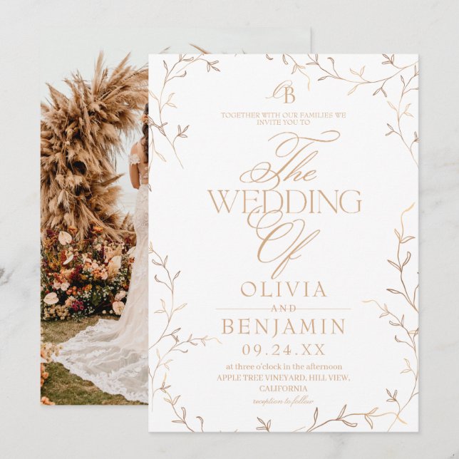 Devine Gold & White Botanical Wedding Invitation (Front/Back)