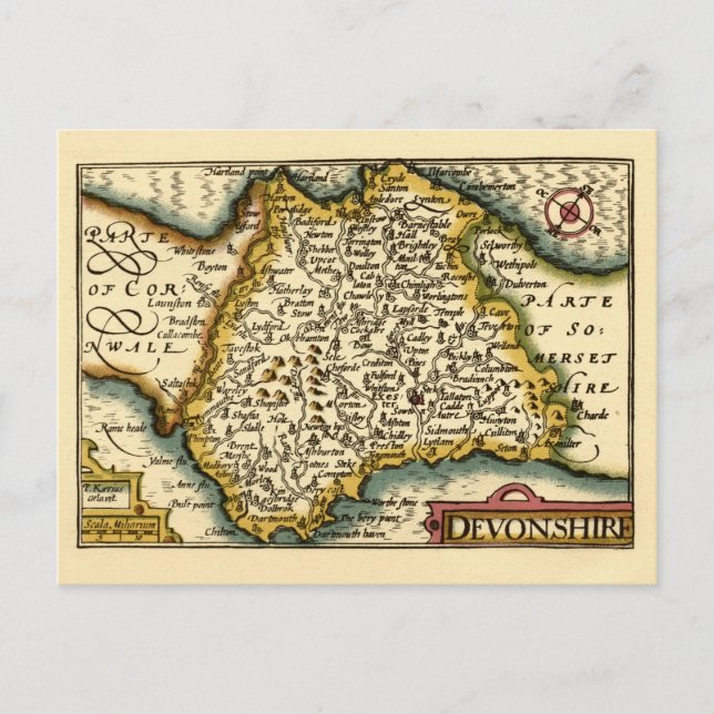 Devon (Devonshire) County England Antiquarian Map  Postcard (Front)