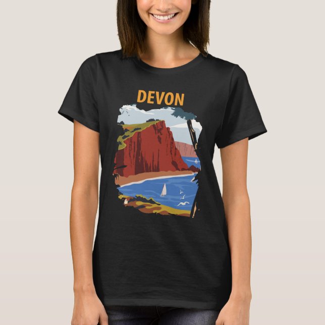 Devon England Coast Retro Travel T-Shirt (Front)