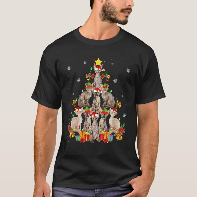 Devon Rex Cat Christmas Tree Funny Devon Rex Lover T-Shirt (Front)
