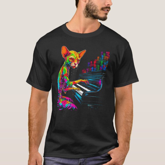 Devon Rex Cat Piano T-Shirt (Front)