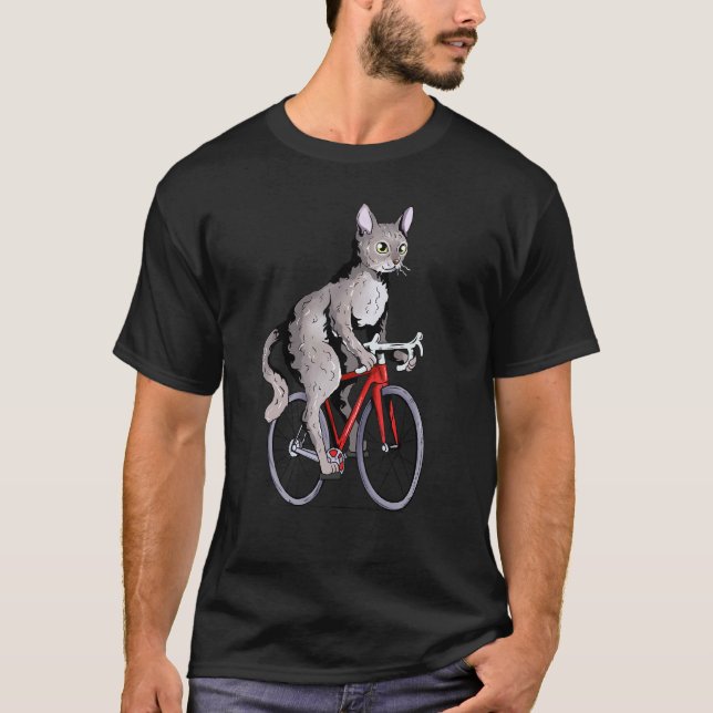 Devon Rex Cat Riding Bicycle Cute Biker Cyclist T-Shirt (Front)