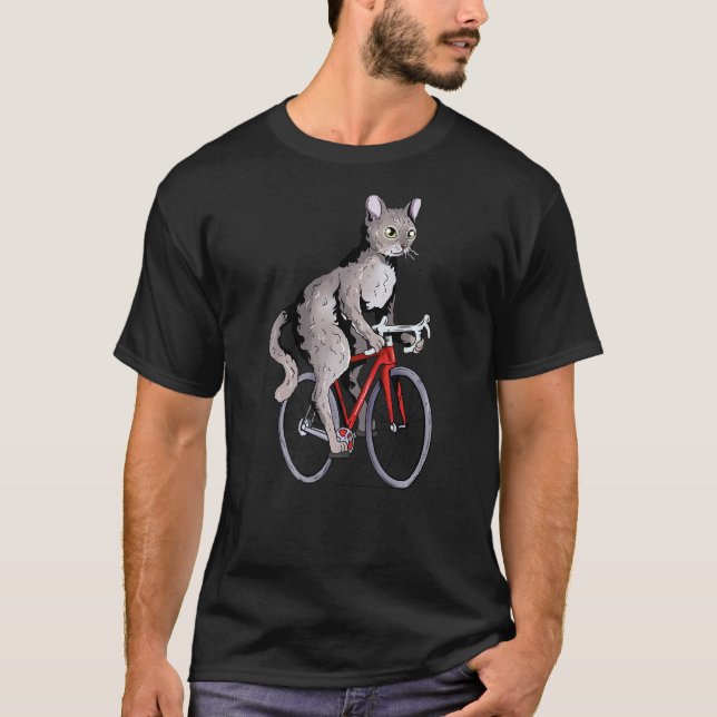 Devon Rex Cat Riding Bicycle Cute Biker Cyclist T-Shirt (Front)