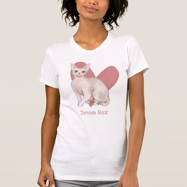 Devon Rex Cat Watercolor Kitty Pink Heart T-Shirt (Front)
