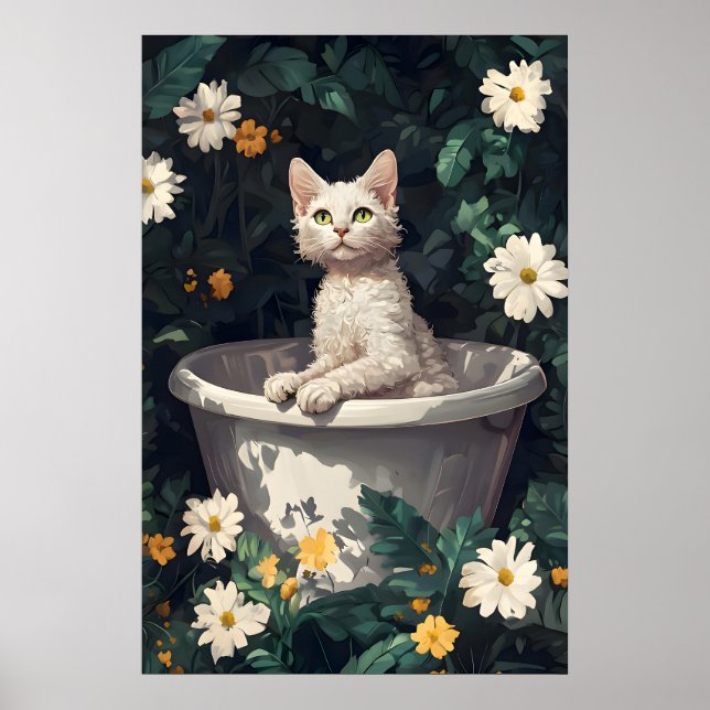 Devon Rex In Bathtub Poster, Funny Cat Poster (Front)