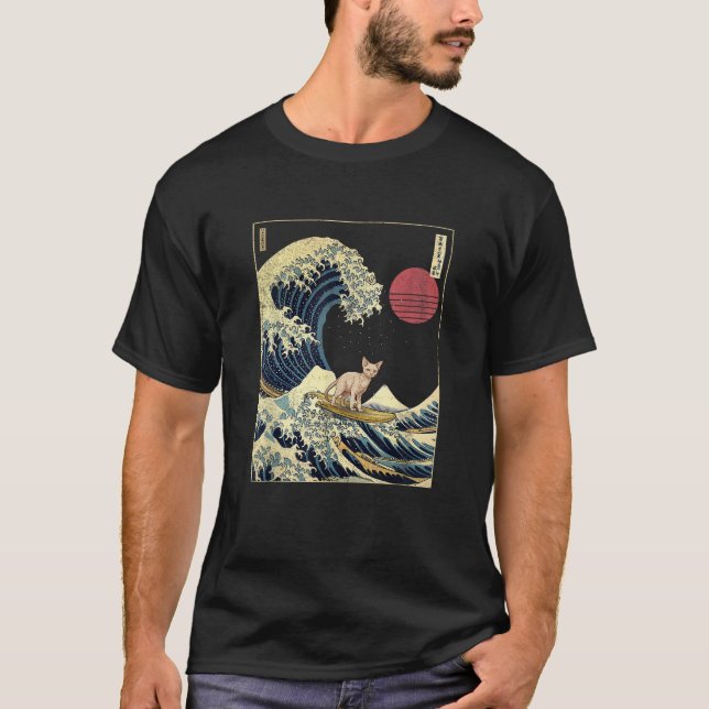 Devon Rex Kanagawa Wave Funny Surf Animal  T-Shirt (Front)