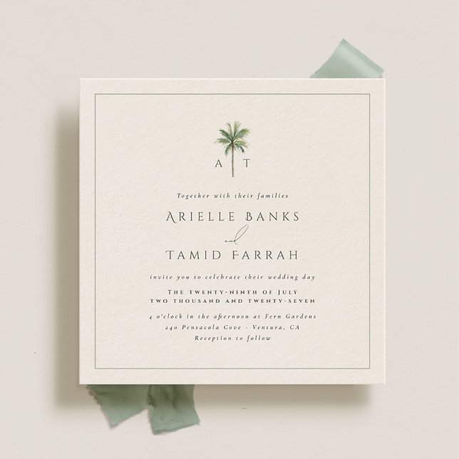 Devonport Monogram Modern Watercolor Palm Wedding Invitation (Creator Uploaded)