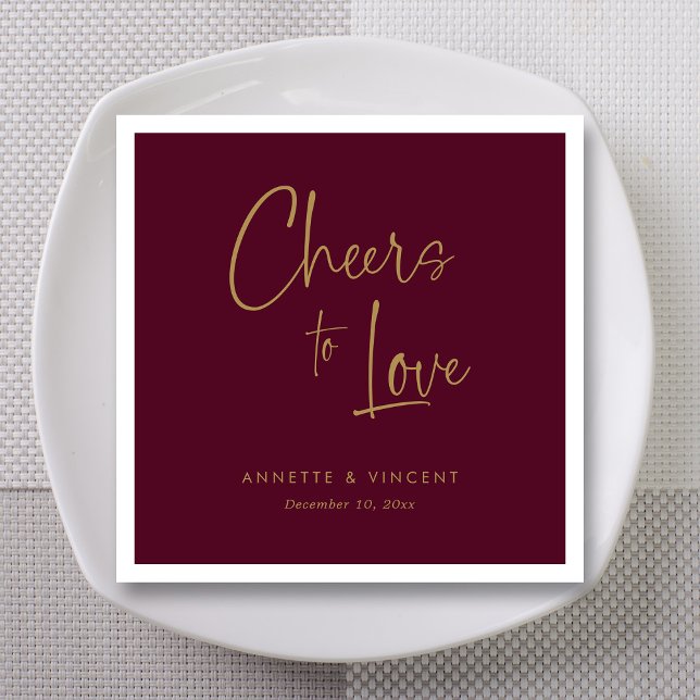 Devoted Burgundy Underline Script Cheers Wedding Napkin (Personalized Elegant Gold Hand Lettering Wedding Napkins with Names and Date)