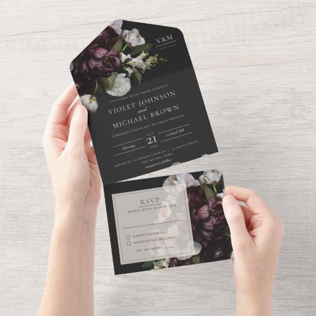 Devoted Dark Floral All in One Wedding Invite (Tearaway)