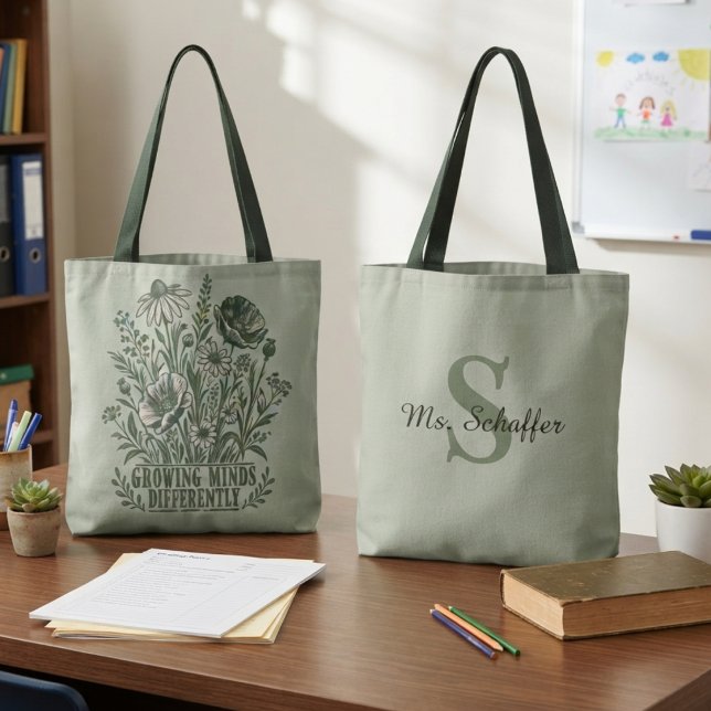 Devoted Sage Botanical Growing Minds Tote Bag (Sage botanical tote bag for special education teachers during back to school season.)