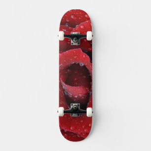 Dew covered red rose decorating grave site in skateboard