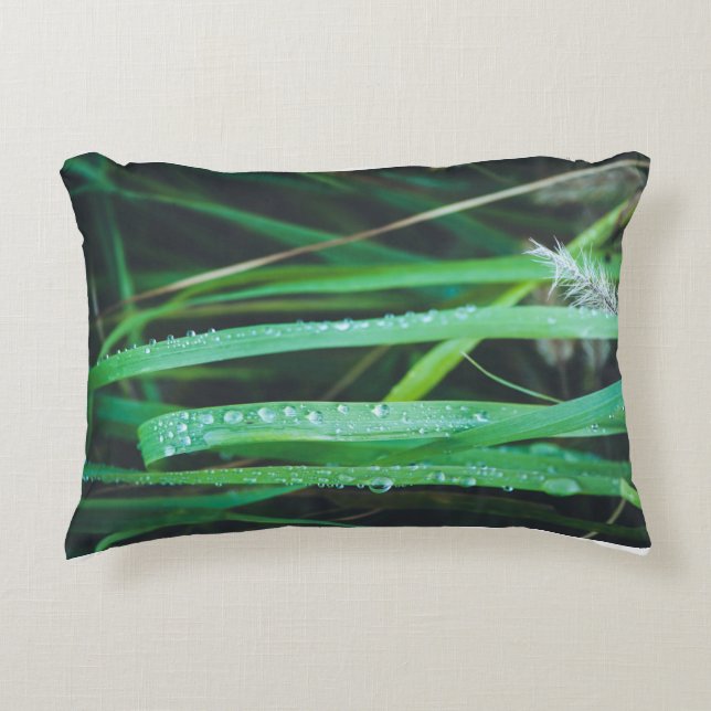 Dew drops on blades of grass decorative cushion (Front)