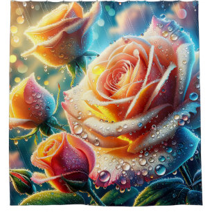 “Dew-Kissed Pink, Orange and Yellow Roses" Shower Curtain