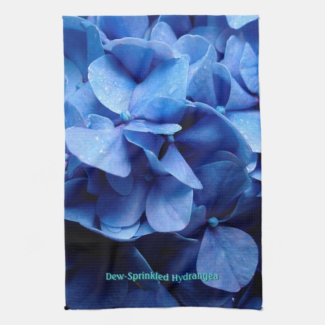 Dew-sprinkled Blue Hydrangea Tea Towel (Vertical)