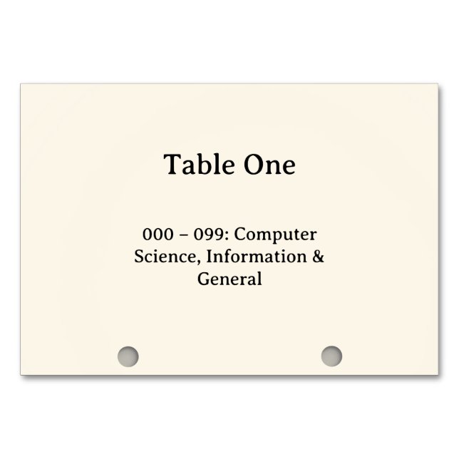 Dewey Decimal System Card Catalogue Table Numbers (Front)