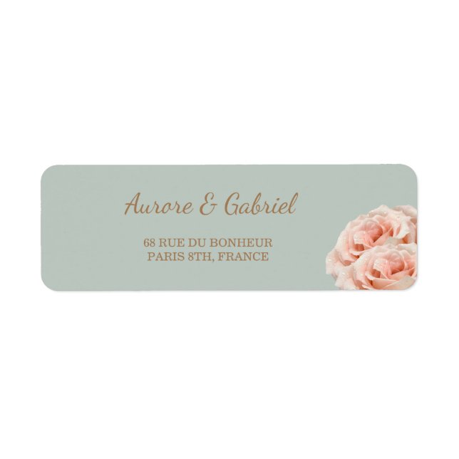 Dewy Pink Rose blossoms Sage Wedding Address Label (Front)
