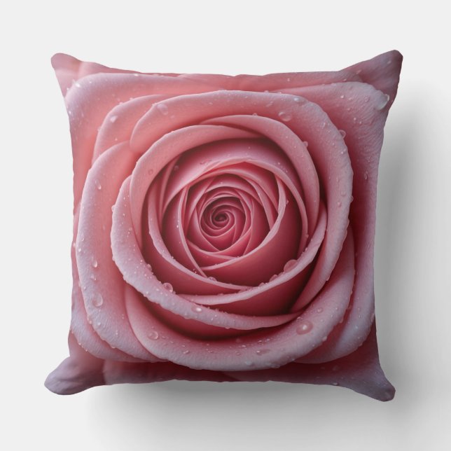 Dewy Pink Rose Pillow | Elegant Floral Decor (Front)