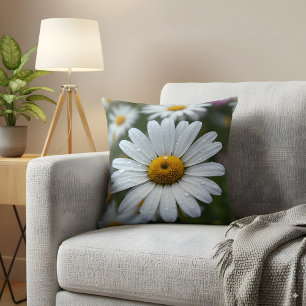 Dewy White Daisy Flower Close-Up Nature Photograph Cushion