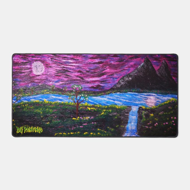 DG Paintings Moonlit Falls Under A Purple Sky Desk Mat (Front)