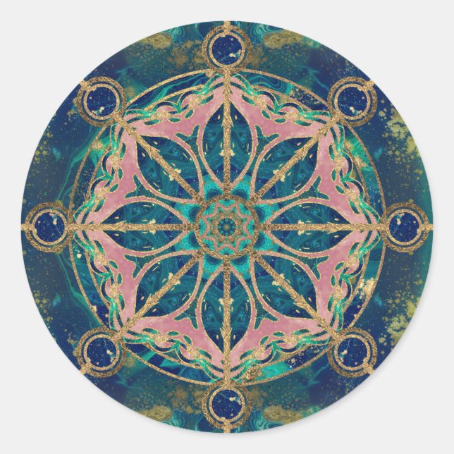 Dharma Wheel - Dharmachakra Gemstone & Gold Classic Round Sticker (Front)