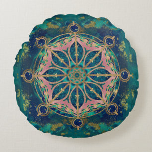Dharma Wheel - Dharmachakra Gemstone & Gold Round Cushion