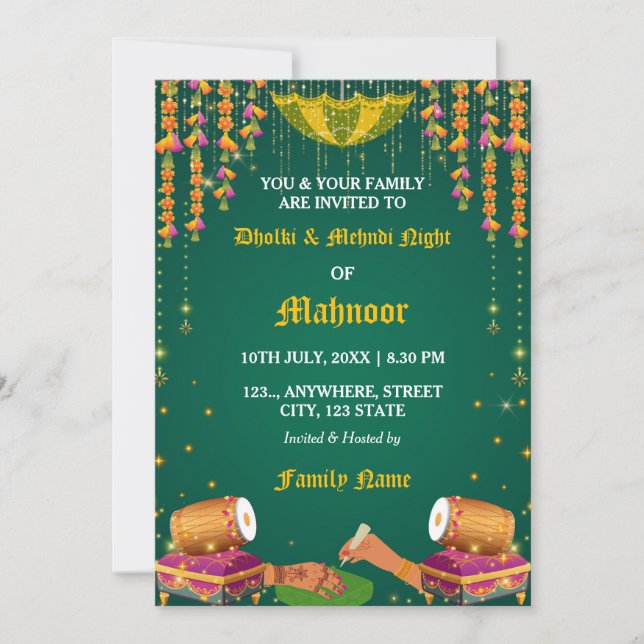 Dholki & Mehndi Night Invitation card (Front)