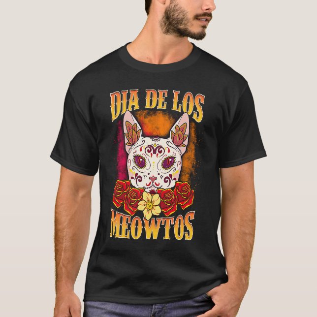 Dia de los Meowtos Beautiful Halloween Cat Trick o T-Shirt (Front)