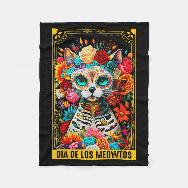 Dia De Los Meowtos Sugar Skull Cat Gift  Fleece Blanket (Front)