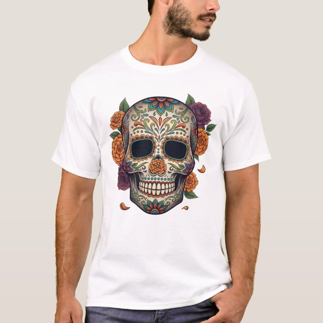 Dia de los muertes skull. Mexican Day of the Dead T-Shirt (Front)