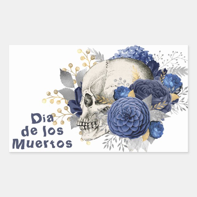 Dia de los Muertos Blue Floral Skull Rectangular Sticker (Front)
