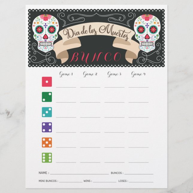 Dia De Los Muertos Bunco Game Score Card (Front)