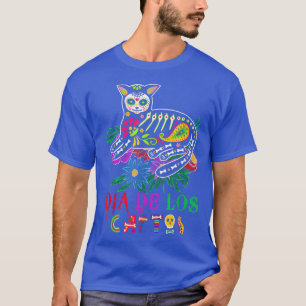 Dia De Los Muertos Cat Floral Meican Cat Skeleton  T-Shirt