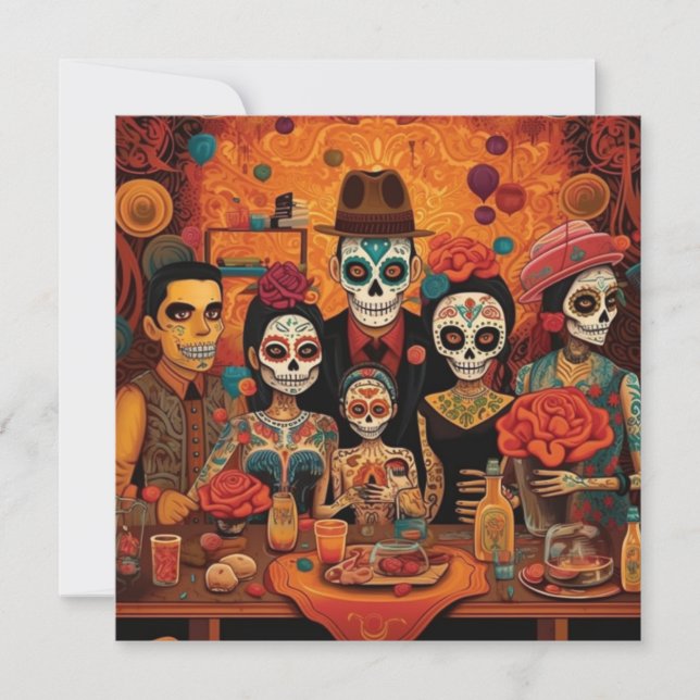 "Dia de los Muertos", Colourful Calavera Family Invitation (Front)