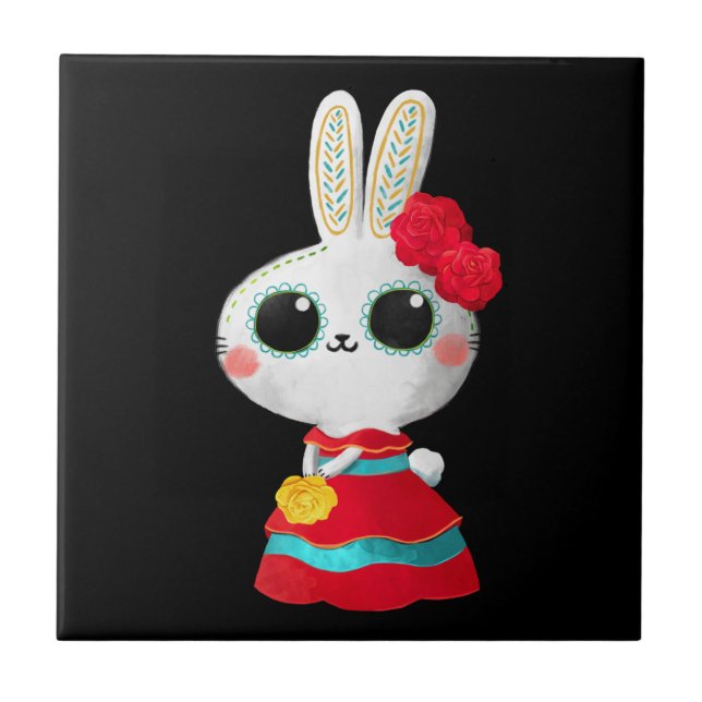 Dia De Los Muertos Cute Bunny Red Dress Mexican   Tile (Front)