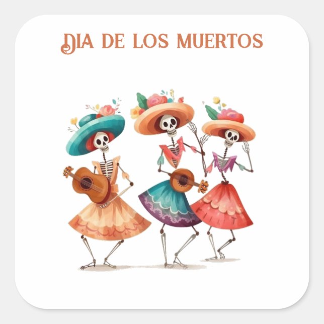 Dia de los Muertos Dancing Calavera Trio Square Sticker (Front)