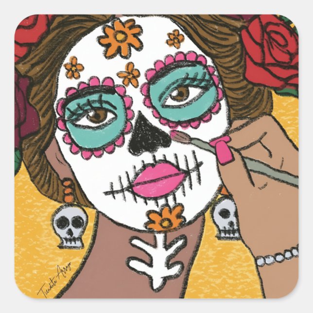 Dia de los Muertos Floral Make Up  Square Sticker (Front)