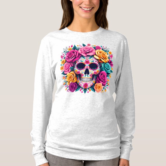Día de los Muertos Floral Sugar Skull Art T-Shirt (Front)