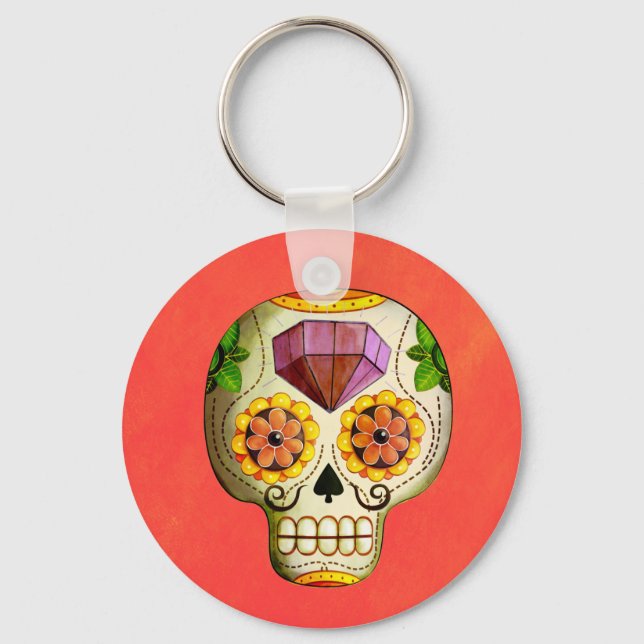 Dia de Los Muertos Mexican Sugar Skull Key Ring (Front)