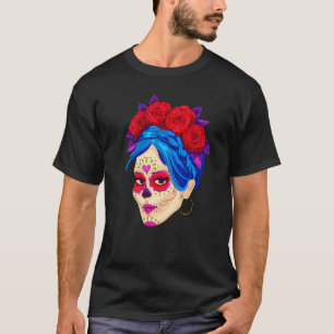 Dia De Los Muertos Mexico Flowers Girl Mask La Cat T-Shirt
