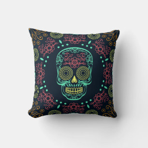 Dia de los Muertos Neon Floral Skull Throw Pillow