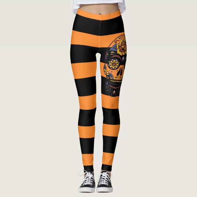 Dia De Los Muertos Orange Black And Sugar Skull Leggings (Front)