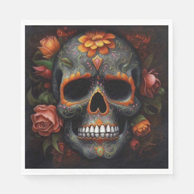 Dia de los Muertos painted skull flower calavera Napkin (Front)