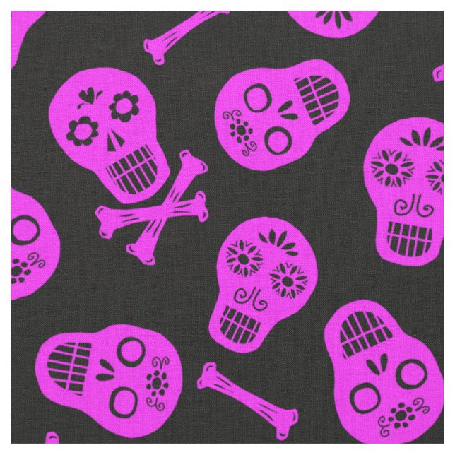 Dia de los Muertos Pink Paper Skulls Pattern Fabric (Close Up)