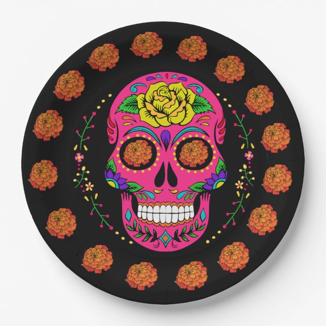 Dia de los Muertos Pink Sugar Skull & Marigolds Paper Plate (Front)