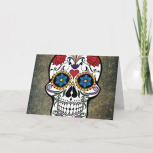 Dia De Los Muertos Red Roses Sugar Skull Card