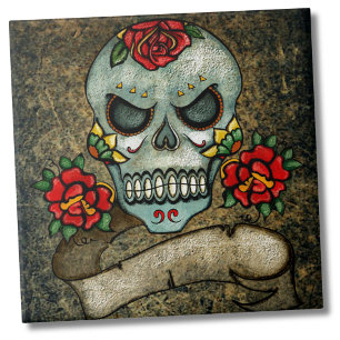 Dia De Los Muertos Rose Sugar Skull Tile