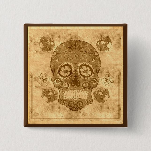Dia de los muertos -- Sepia Sugar Skull Button (Front)